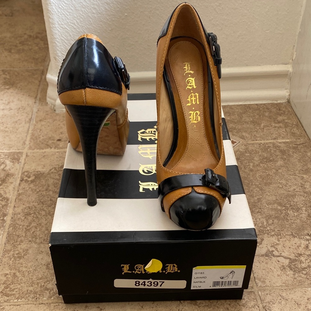 L.A.M.B. Black and Tan Bow Heels